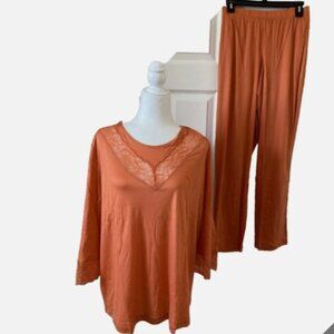NWT HANRO JUNA 3/4 Sleeve Pajama Set Coral Gold XL Pajamas Retail $278.